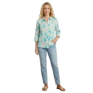 Denim & Co Women Large Teal Floral Print Button Down 3/4 Sleeve Blouse Top Shirt
